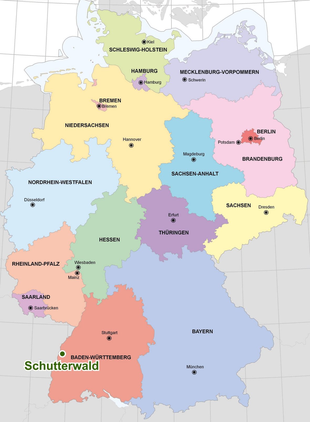 KarteKarte von Deutschland mit den Bundesländern. Schutterwald in Baden-Württemberg ist markiert.